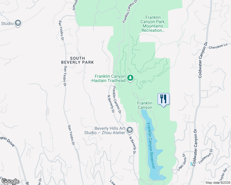 map of restaurants, bars, coffee shops, grocery stores, and more near 1905 Franklin Canyon Drive in Beverly Hills
