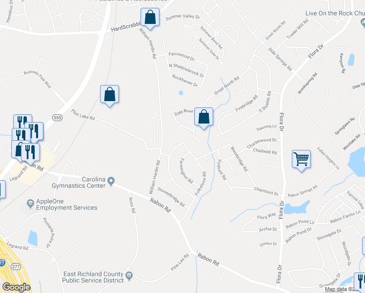 map of restaurants, bars, coffee shops, grocery stores, and more near 329 Folkstone Road in Columbia