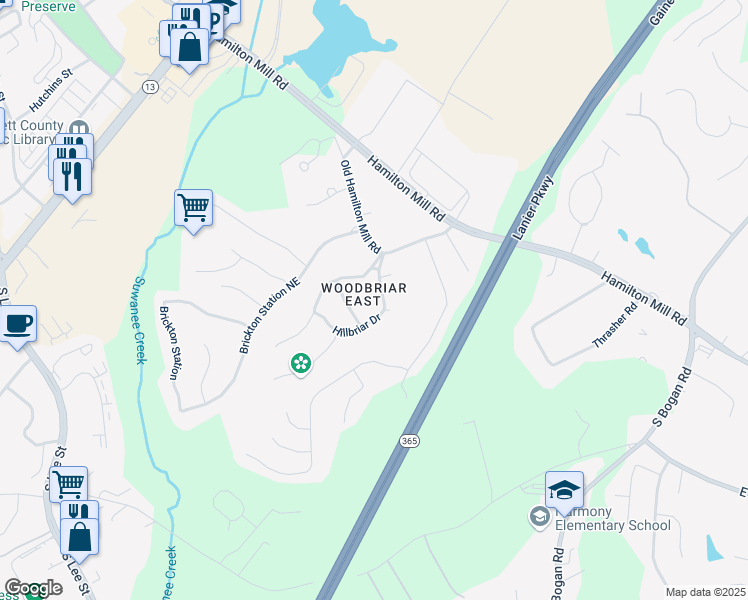 map of restaurants, bars, coffee shops, grocery stores, and more near 2298 Hillbriar Drive in Buford