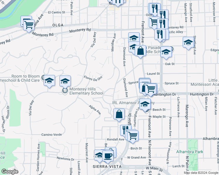 map of restaurants, bars, coffee shops, grocery stores, and more near 1718 Gillette Crescent in South Pasadena