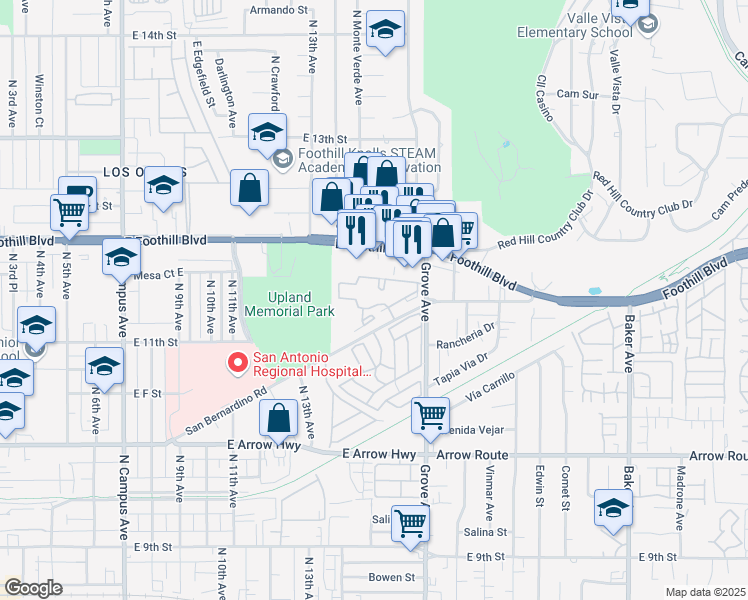 map of restaurants, bars, coffee shops, grocery stores, and more near 1387 San Bernardino Road in Upland