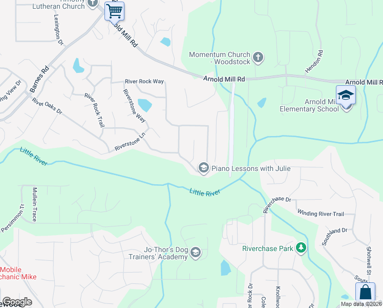 map of restaurants, bars, coffee shops, grocery stores, and more near 7003 Woodfield Way in Woodstock