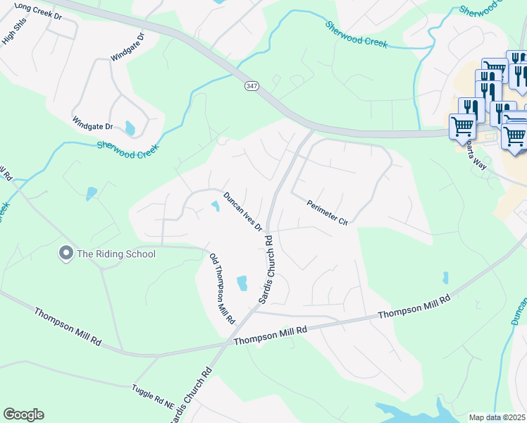 map of restaurants, bars, coffee shops, grocery stores, and more near 3123 Morgan Box Lane Northeast in Buford
