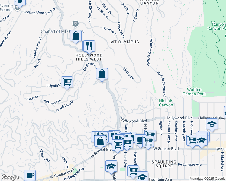 map of restaurants, bars, coffee shops, grocery stores, and more near 1840 Laurel Canyon Boulevard in Los Angeles