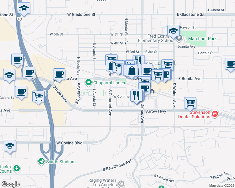 map of restaurants, bars, coffee shops, grocery stores, and more near 210 West Railway Street in San Dimas