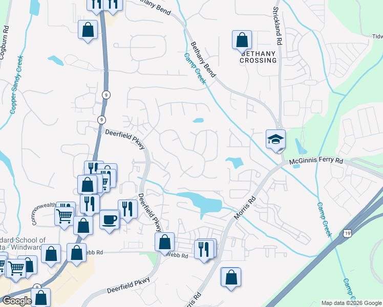 map of restaurants, bars, coffee shops, grocery stores, and more near 3371 Avensong Village Circle in Alpharetta