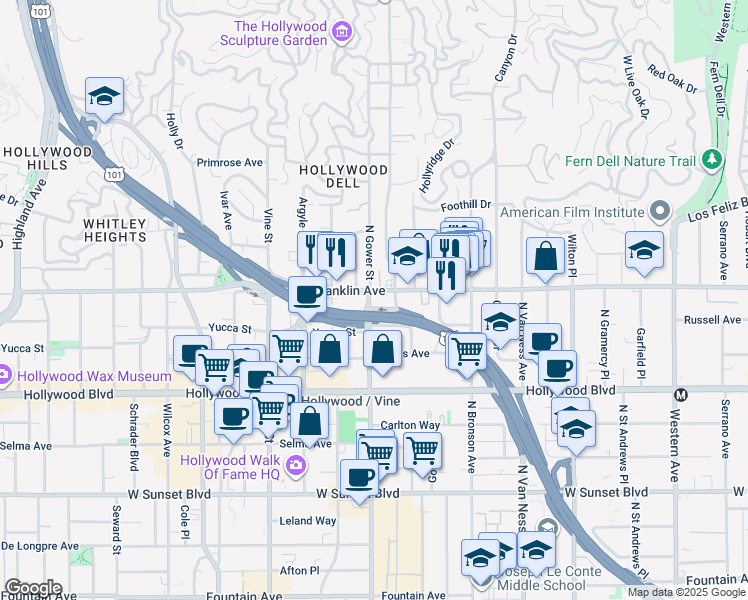 map of restaurants, bars, coffee shops, grocery stores, and more near 6072 Franklin Avenue in Los Angeles