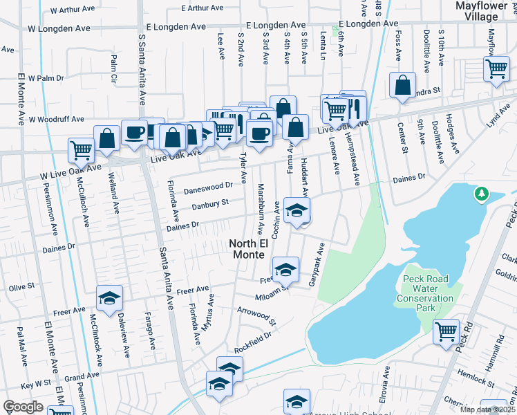 map of restaurants, bars, coffee shops, grocery stores, and more near 5527 Cochin Avenue in Arcadia