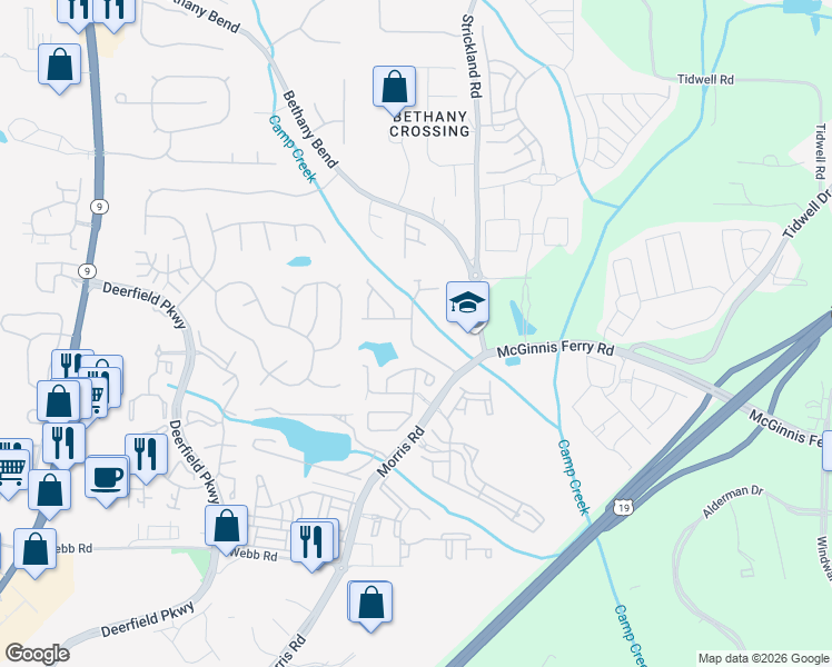 map of restaurants, bars, coffee shops, grocery stores, and more near 13319 Flamingo Road in Alpharetta