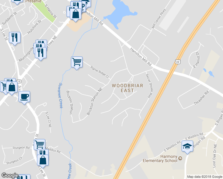 map of restaurants, bars, coffee shops, grocery stores, and more near 2226 Woodbriar Drive in Buford