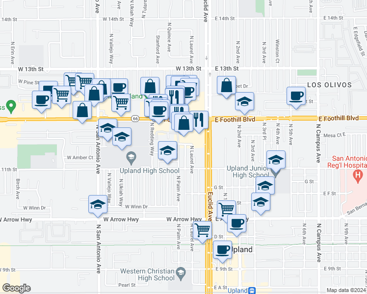 map of restaurants, bars, coffee shops, grocery stores, and more near 888 North Palm Avenue in Upland