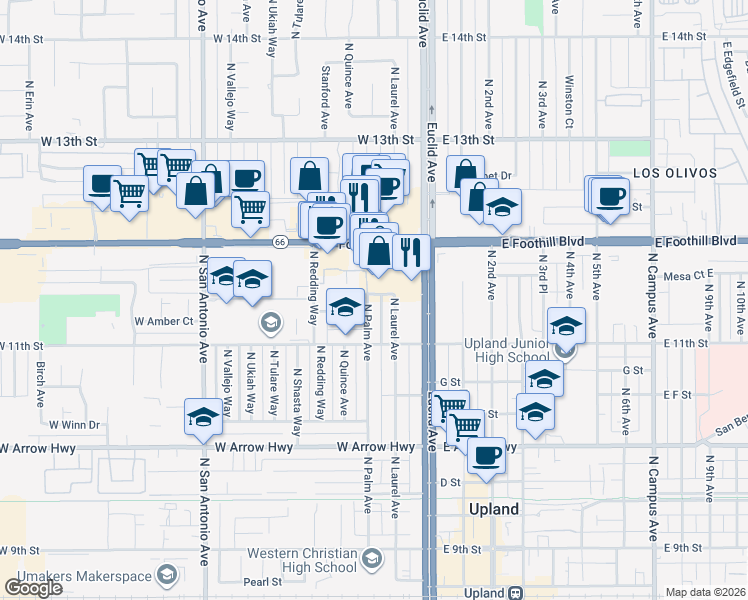 map of restaurants, bars, coffee shops, grocery stores, and more near 888 North Palm Avenue in Upland
