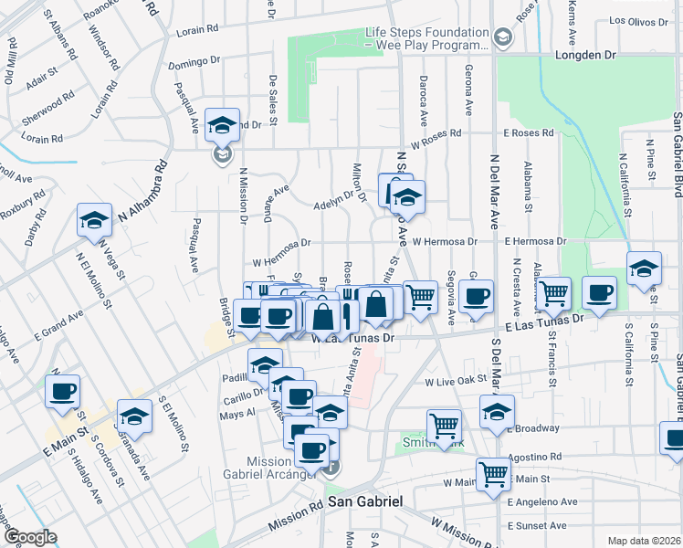 map of restaurants, bars, coffee shops, grocery stores, and more near 213 Rosemont Boulevard in San Gabriel