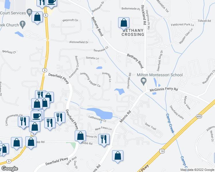 map of restaurants, bars, coffee shops, grocery stores, and more near 13477 Aventide Lane in Alpharetta