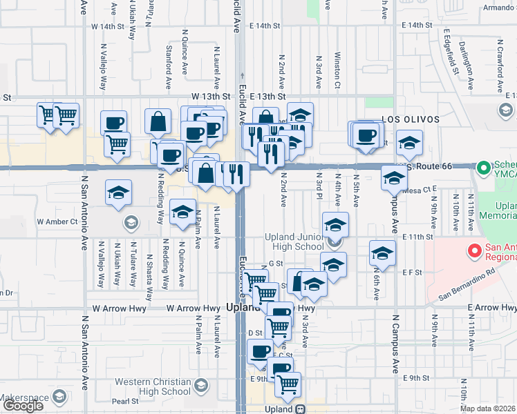 map of restaurants, bars, coffee shops, grocery stores, and more near 914 North 1st Avenue in Upland