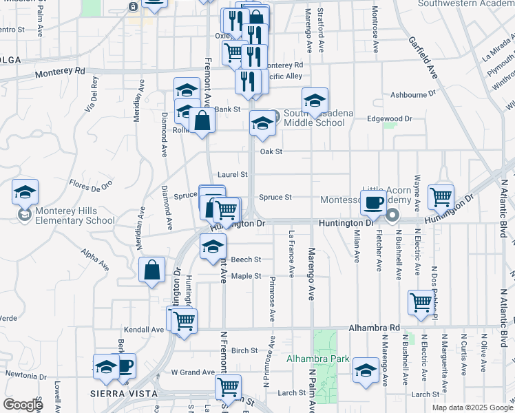 map of restaurants, bars, coffee shops, grocery stores, and more near in South Pasadena