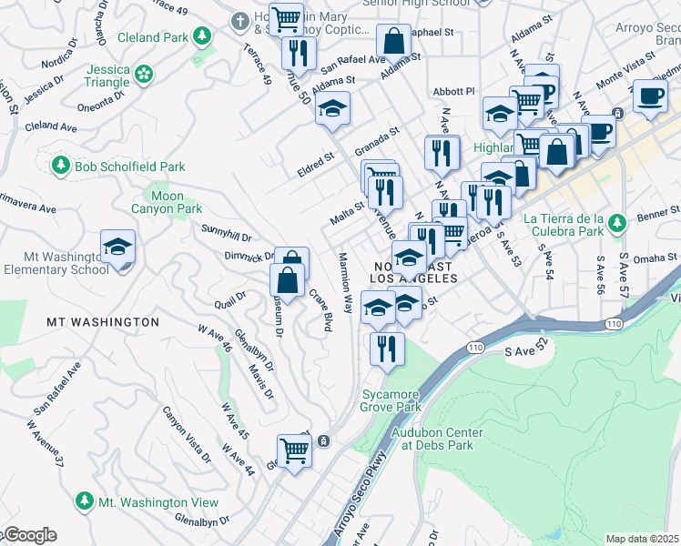 map of restaurants, bars, coffee shops, grocery stores, and more near 4847 Marmion Way in Los Angeles