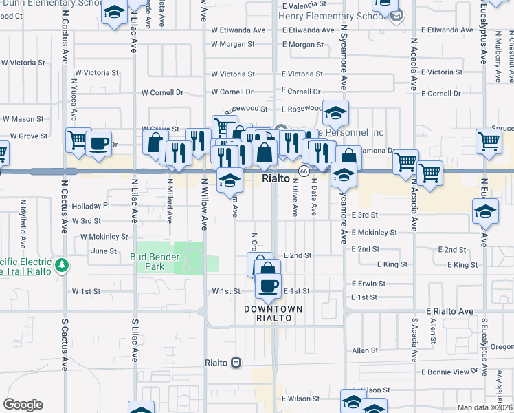 map of restaurants, bars, coffee shops, grocery stores, and more near 321 North Orange Avenue in Rialto