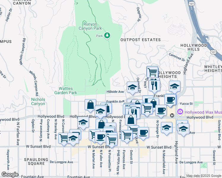 map of restaurants, bars, coffee shops, grocery stores, and more near 2000 North Fuller Avenue in Los Angeles