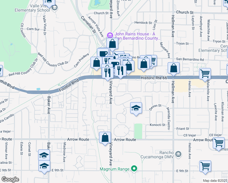map of restaurants, bars, coffee shops, grocery stores, and more near 8167 Vineyard Avenue in Rancho Cucamonga