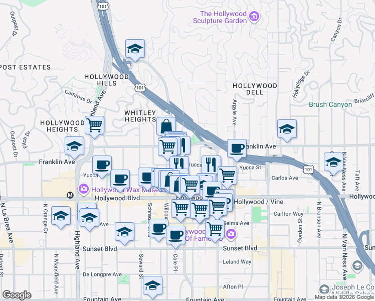 map of restaurants, bars, coffee shops, grocery stores, and more near 6406 Franklin Avenue in Los Angeles