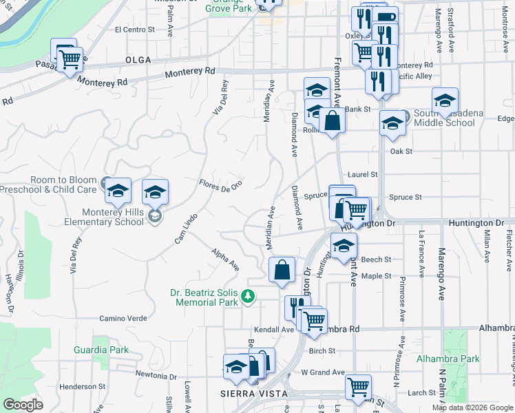 map of restaurants, bars, coffee shops, grocery stores, and more near 1718 Gillette Crescent in South Pasadena