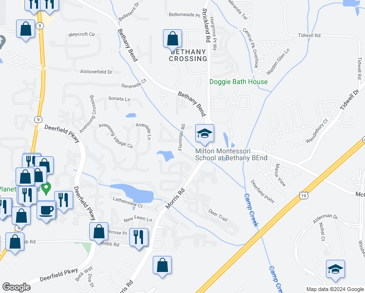 map of restaurants, bars, coffee shops, grocery stores, and more near 13319 Flamingo Road in Alpharetta