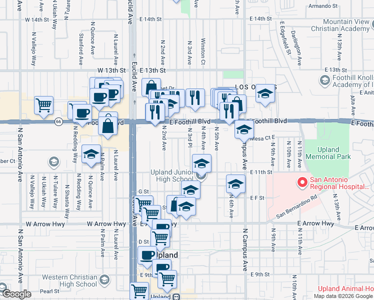 map of restaurants, bars, coffee shops, grocery stores, and more near 887 North 3rd Place in Upland