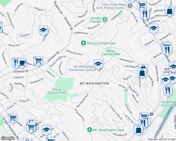 map of restaurants, bars, coffee shops, grocery stores, and more near 4042 Marchena Drive in Los Angeles