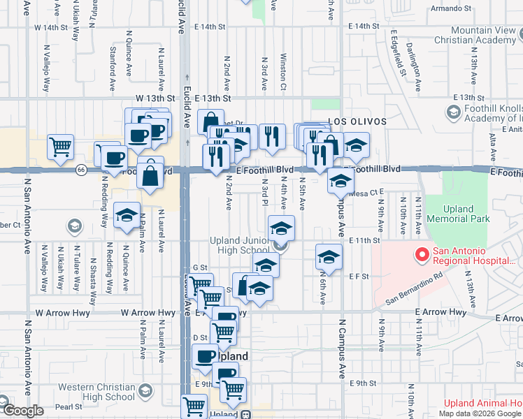 map of restaurants, bars, coffee shops, grocery stores, and more near 887 North 3rd Place in Upland