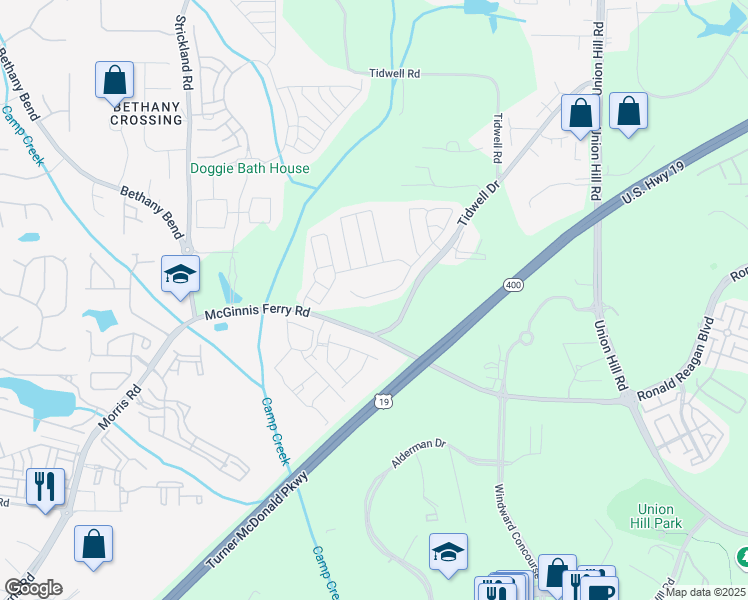 map of restaurants, bars, coffee shops, grocery stores, and more near 919 Wendlebury Court in Alpharetta