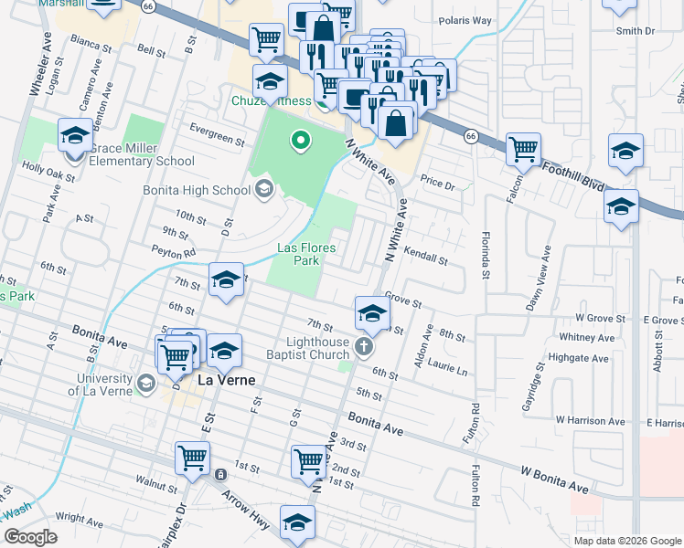 map of restaurants, bars, coffee shops, grocery stores, and more near 2408 Pepper Street in La Verne