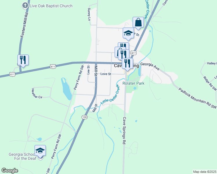 map of restaurants, bars, coffee shops, grocery stores, and more near 44 Fannin Street in Cave Spring