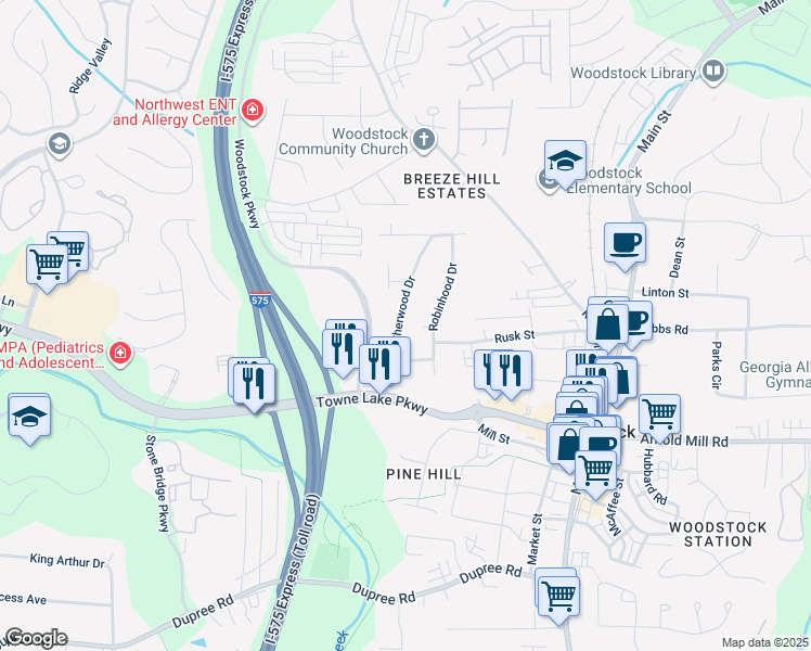 map of restaurants, bars, coffee shops, grocery stores, and more near 406 Sherwood Drive in Woodstock