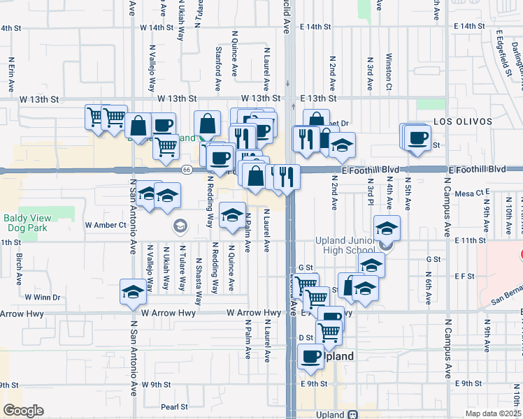 map of restaurants, bars, coffee shops, grocery stores, and more near 100 West Foothill Boulevard in Upland