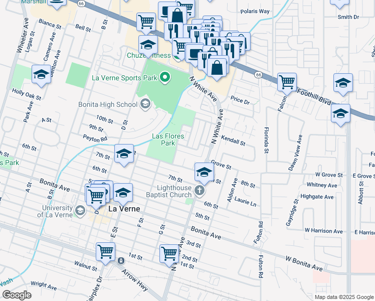 map of restaurants, bars, coffee shops, grocery stores, and more near 2404 Pepper Street in La Verne