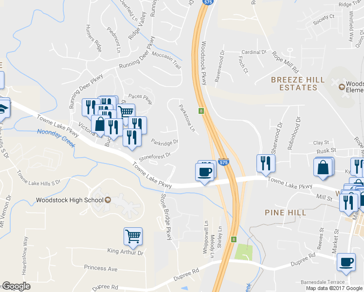 map of restaurants, bars, coffee shops, grocery stores, and more near 140 Stoneforest Drive in Woodstock