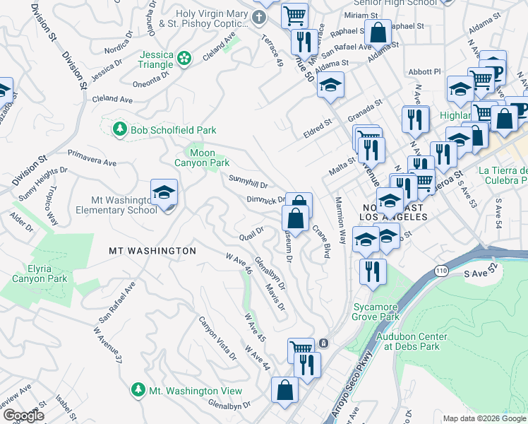 map of restaurants, bars, coffee shops, grocery stores, and more near 540 Rustic Drive in Los Angeles