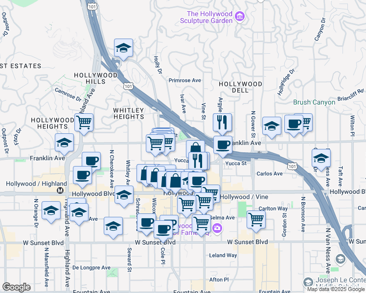map of restaurants, bars, coffee shops, grocery stores, and more near 1851 Ivar Avenue in Los Angeles