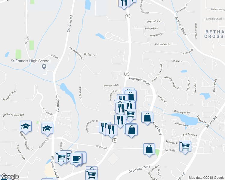map of restaurants, bars, coffee shops, grocery stores, and more near 13314 Marrywood Drive in Alpharetta