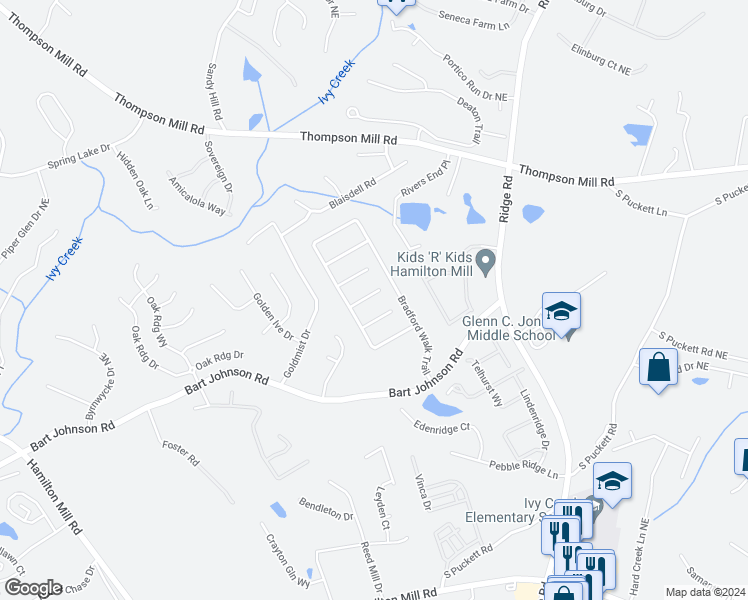 map of restaurants, bars, coffee shops, grocery stores, and more near 3173 English Ivy Lane in Buford