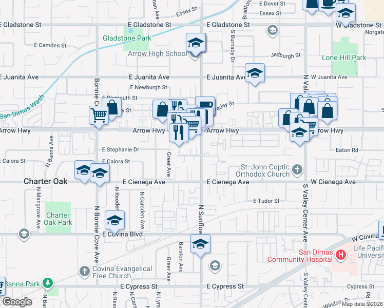 map of restaurants, bars, coffee shops, grocery stores, and more near 20835 East Calora Street in Covina