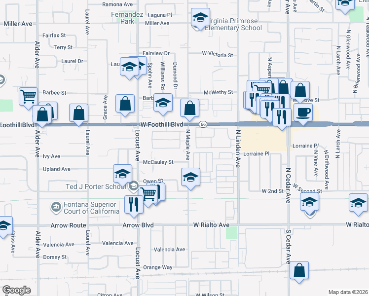 map of restaurants, bars, coffee shops, grocery stores, and more near 337 North Maple Avenue in Fontana