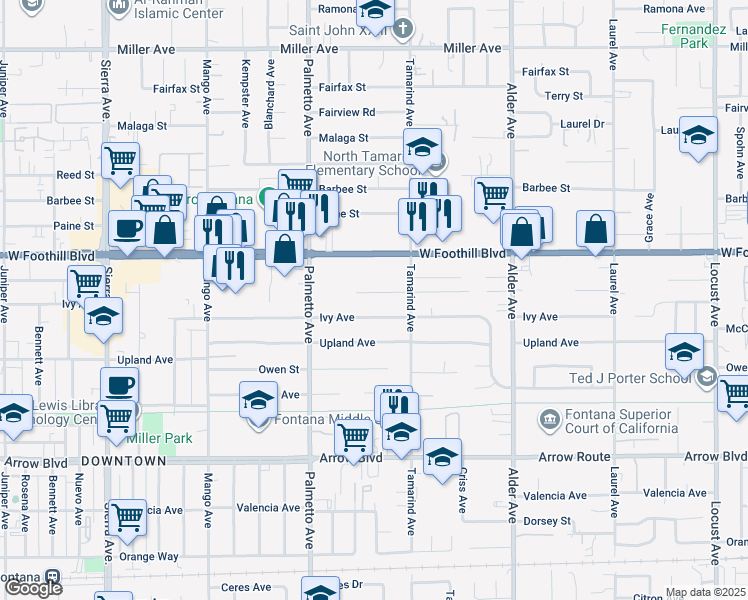 map of restaurants, bars, coffee shops, grocery stores, and more near 17414 Vine Street in Fontana