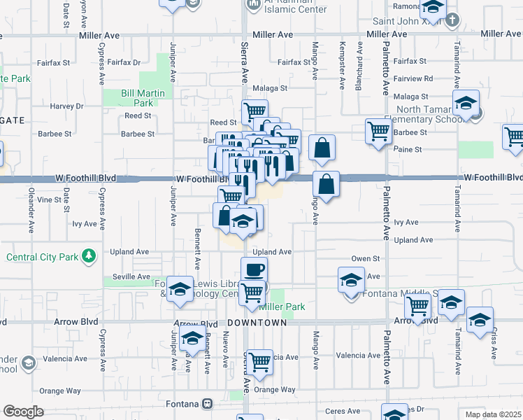map of restaurants, bars, coffee shops, grocery stores, and more near 8171 Sierra Avenue in Fontana