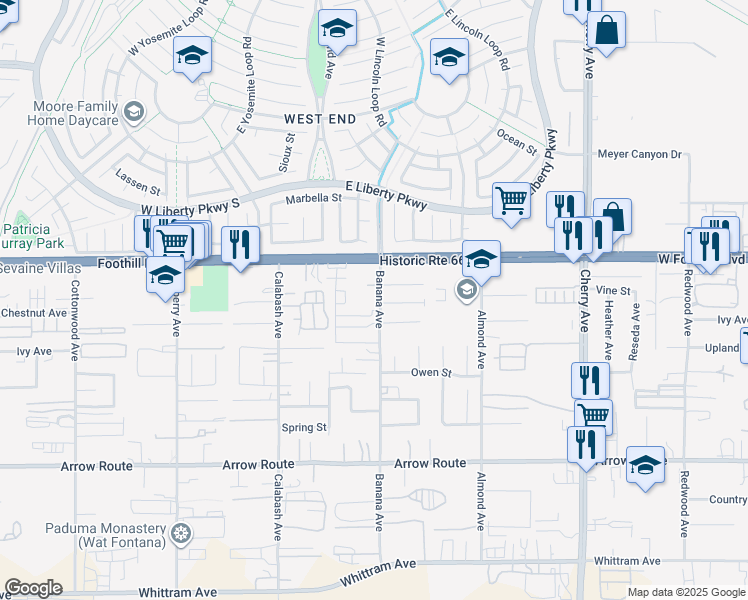 map of restaurants, bars, coffee shops, grocery stores, and more near 8162 Banana Avenue in Fontana
