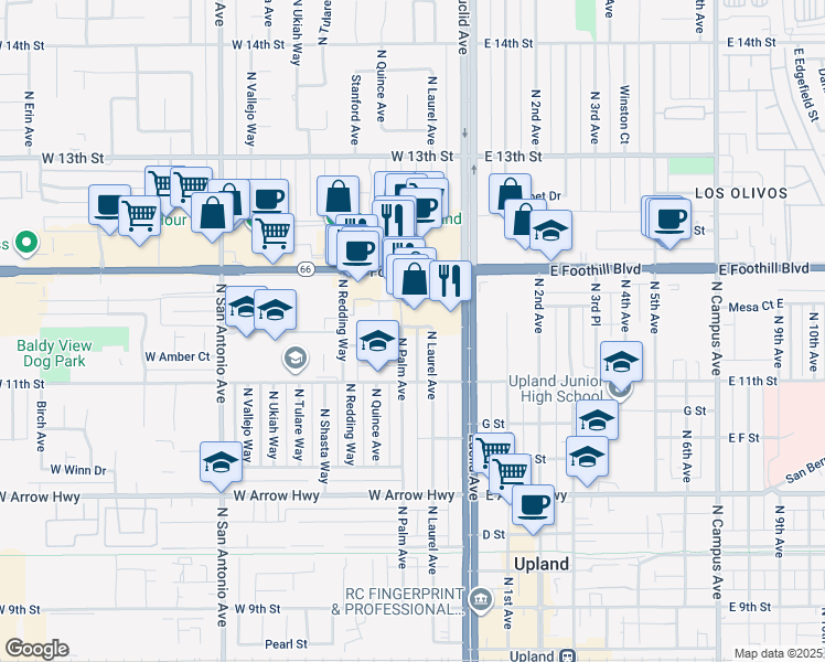 map of restaurants, bars, coffee shops, grocery stores, and more near 922 North Redding Way in Upland