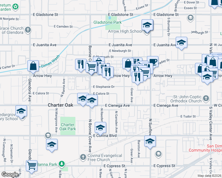 map of restaurants, bars, coffee shops, grocery stores, and more near 20631 East Stephanie Drive in Covina