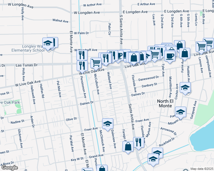 map of restaurants, bars, coffee shops, grocery stores, and more near 5630 McCulloch Avenue in Temple City