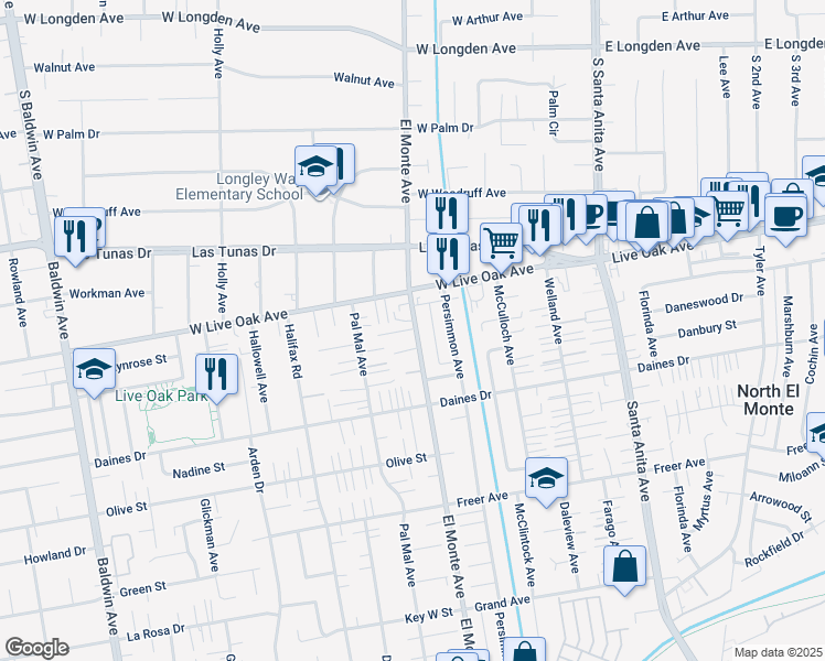 map of restaurants, bars, coffee shops, grocery stores, and more near 5638 El Monte Avenue in Temple City